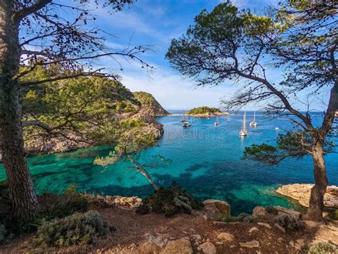 Beach Of Port Sant Miquel Ibiza Island In Spain Stock Photo Image Of Boat Balearic
