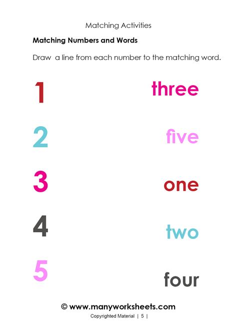 On the first page, there are 20 pictures to match with the adjectives. Matching Numbers 1-5 and Words for Kindergarten