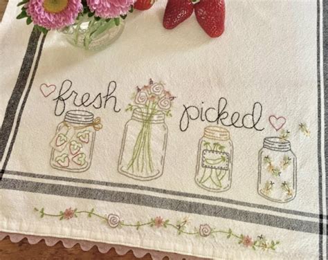 Set Of 7 Hand Embroidered Kitchen Towels With Bird House Day Etsy