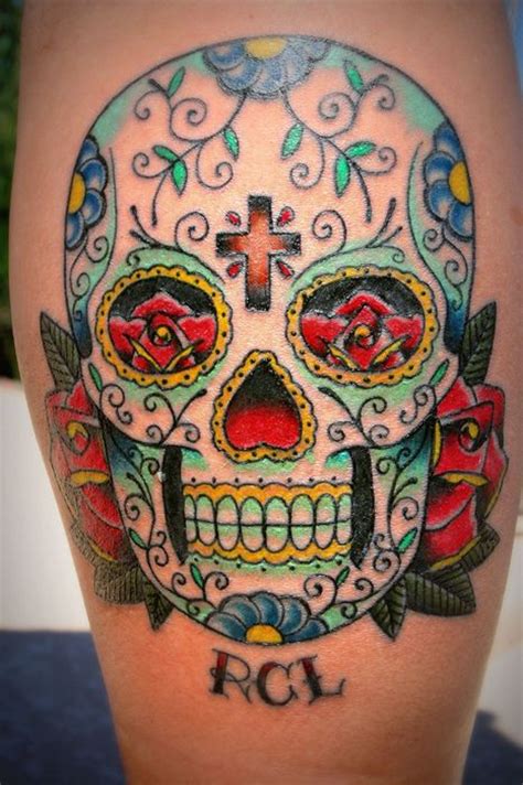 Sugar Skull Tattoo With Roses And Cross