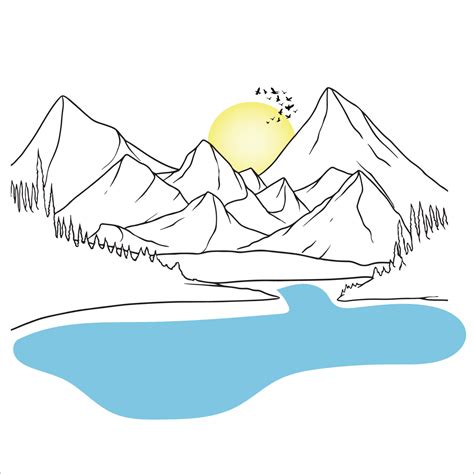 Mountain Line Art Minimalist Landscape Drawing Lake Outline Drawing Simple Sketch Sunrise
