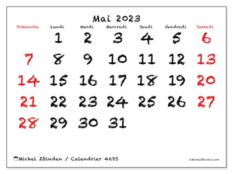 Calendrier Mai 2023 à Imprimer “46ds” Michel Zbinden Fr