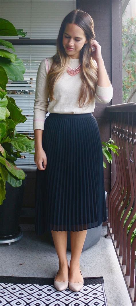 Jules In Flats September Work Outfit Sweater Midi Skirt Flats