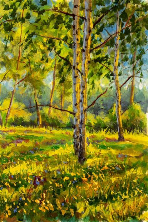 Original Oil Painting Sunny Forest Landscape Green Nature Park Alley