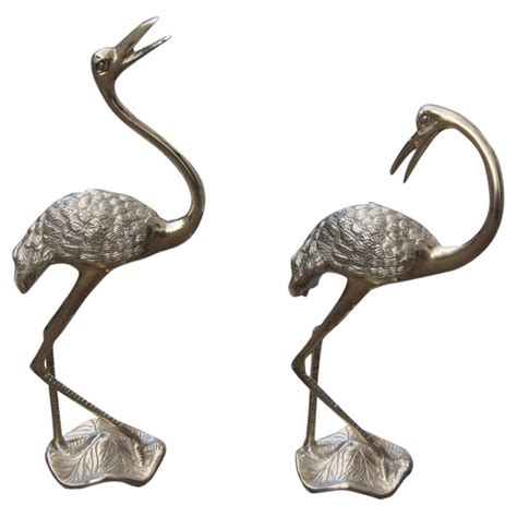 Pair Of Brass Sculptures Of 1960 Gold Colored Flamingos Solid Brass For