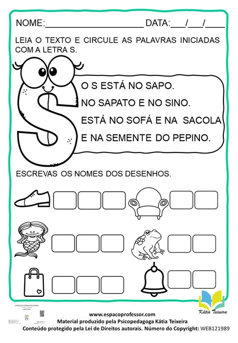 Atividade De Português 1º Ano Alfabetização Letra S