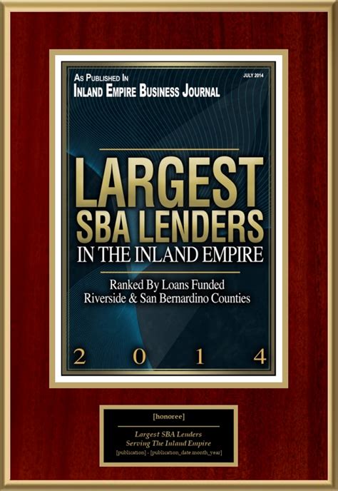 Largest Sba Lenders Serving The Inland Empire American Registry Recognition Plaques Award