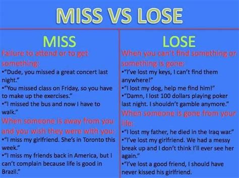 Miss And Lose How To Use Miss Vs Lose In Sentences Eslbuzz Learning