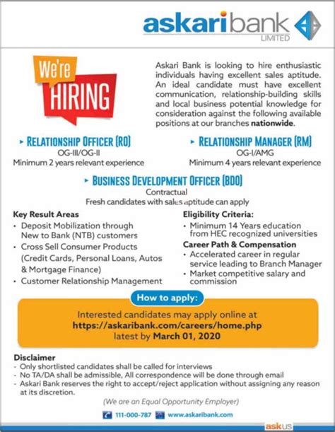 The successful candidate will work with upper management and frontline staff to ensure that the policies and procedures are upheld. Askari Bank Limited Jobs 2020 for Officers & Managers ...