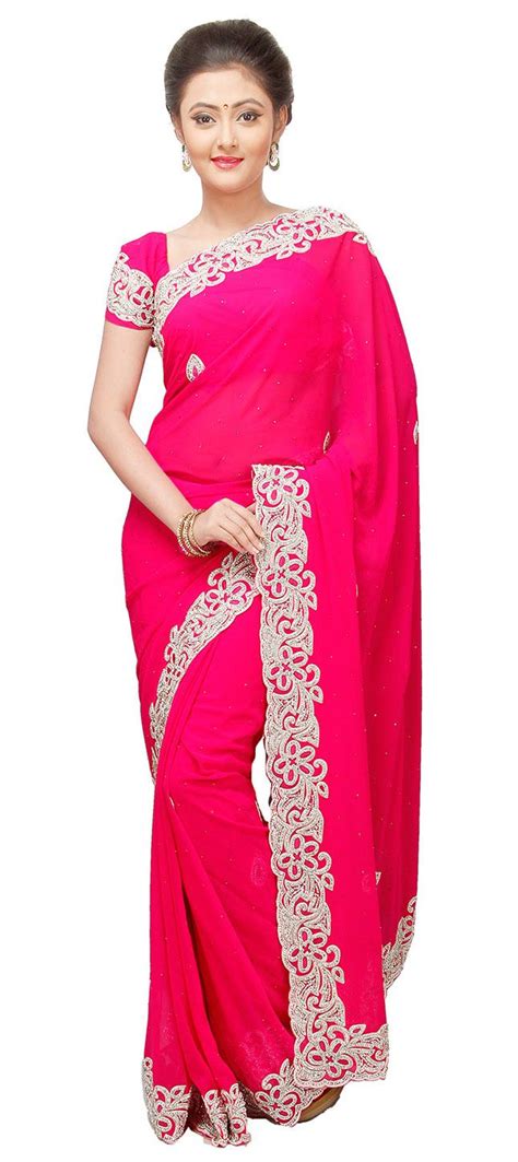 Georgette Bridal Saree In Pink And Majenta With Moti Work Party Wear