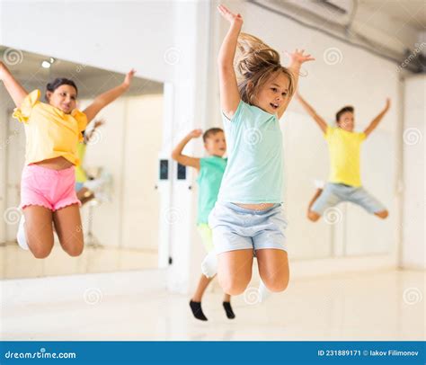 Kids Jumping In Dance Studio Stock Image Image Of Group Children
