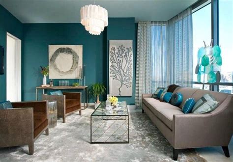 Living Room Neutral Sofa Color With Teal Wall Color And White Sheer