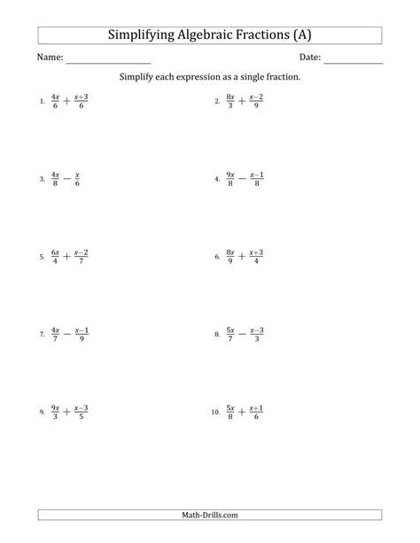 Printable in convenient pdf format. Simplifying Simple Algebraic Fractions (Easier) (All)