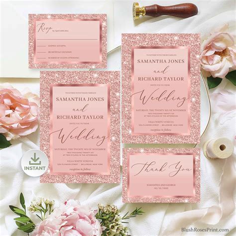 Cloe Rose Gold Wedding Invitation Suite Editable Templates Digital By