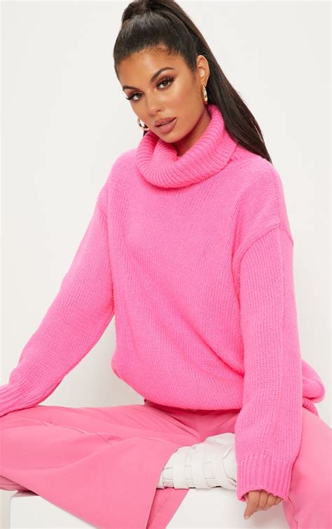 Hot Pink High Neck Fluffy Knit Sweater Prettylittlething Usa