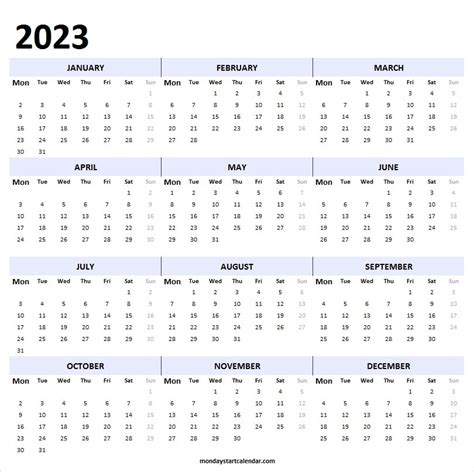 Printable Calendar 2023 Starting Monday 2023 Jan To Dec Calendar