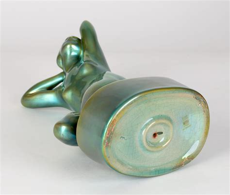 Zsolnay Pecs Art Deco Eosin Metallic Green Glazed Nude Figurine For