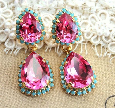 Pink Chandelier Earrings Pink Long Earrings Pink Turquoise Etsy