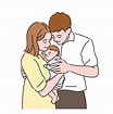 Dad and mom are happily holding their newborn baby. hand drawn style ...