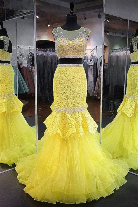 Mermaid Scoop Neck Cap Sleeve Yellow Tulle Lace Beaded Two Piece Prom