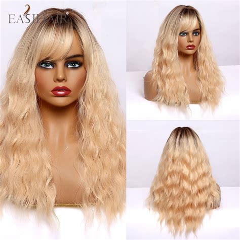 easihair golden blonde black ombre long kinky curly synthetic hair wigs with bangs heat