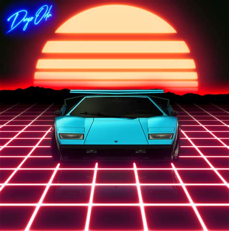 Car driving at sunset on scenic road with glowing high beam lights. Lamborghini Contact riding into a neon sunset. This is ...