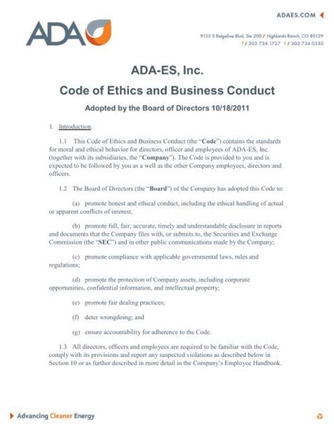 Sample Code Of Ethics And Business Conduct For A Ada Es Inc