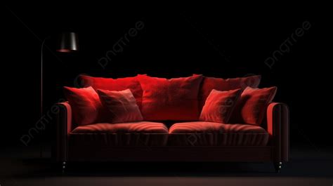 red fabric sofa with pillows in 3d rendering against dark background red sofa armchair