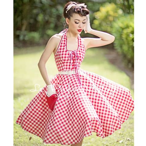 30 Le Palais Vintage 50s Gingham Halter Swing Dress In Red Summer Women Plus Size Dresses