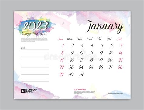 Calendar 2023 Template On Colorful Watercolor Background January Month
