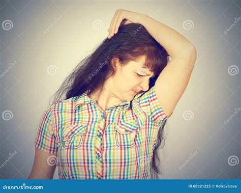 Young Woman Smelling Sniffing Her Armpit Stock Image Image Of