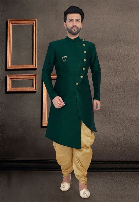 Green Art Silk Readymade Indo Western Suit 188448 Boys Kurta Design