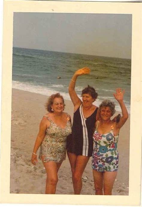 Vintage Photograph Three Older Women Wearing Bathing Suits On The Beach