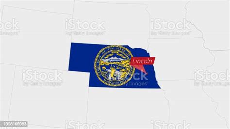 Us State Nebraska Map Highlighted In Nebraska Flag Colors And Pin Of