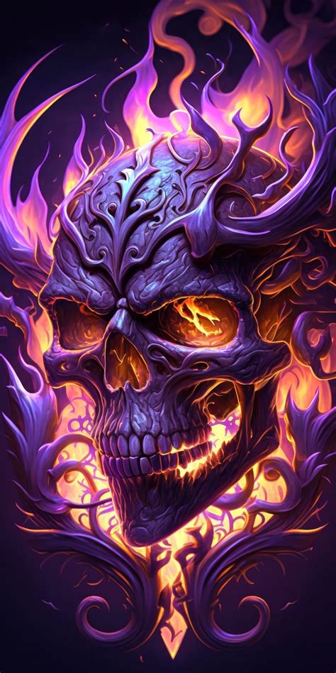 A Skull With Flames On Its Face And The Eyes Are Painted Purple