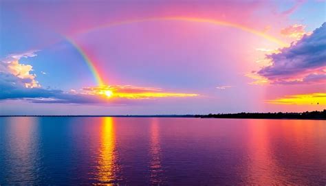Premium Ai Image Rainbow Colorful Sunset On Blue Pink Sky Yellow