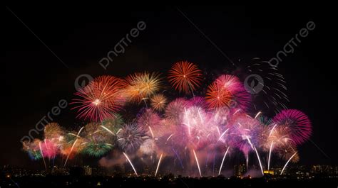 Fireworks Display With Gloomy Sky Over The City Background Colorful