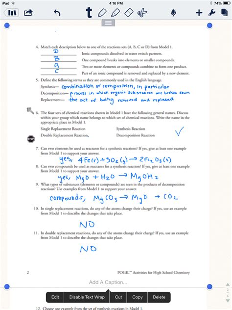 Balance the following reactions and indicate which of the six types of chemical reaction are being represented: Types Of Chemical Reactions Worksheet Answer Key Pogil ...