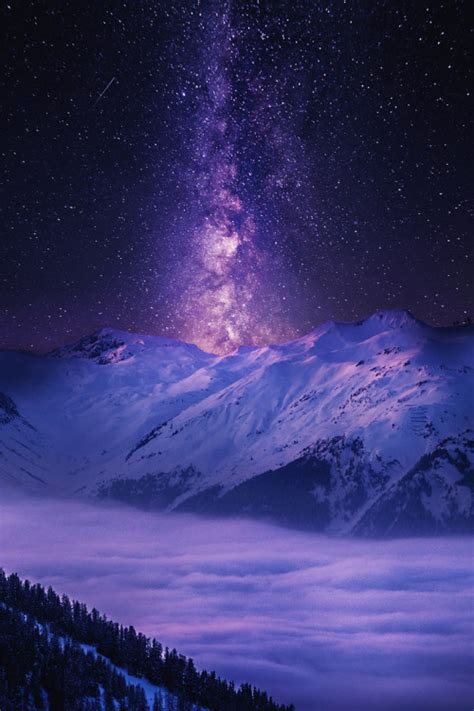 Snow Winter Sky Landscape Trees Night Stars Clouds Mountains Nature