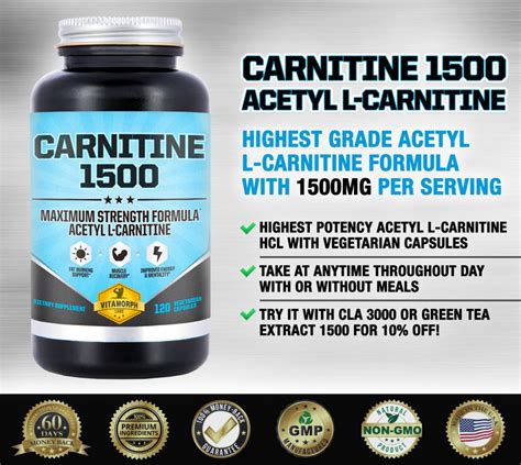 Carnitine 1500 1500mg Acetyl L Carnitine Supplement 120 Vegetarian Capsules Vitamorph Labs