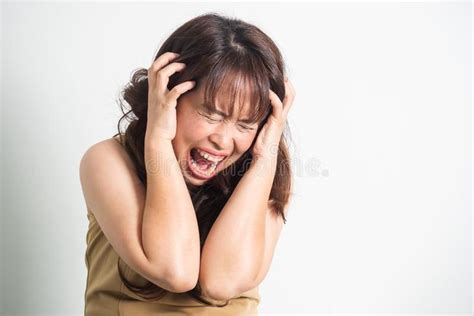 Asian Adult Woman Screaming Portrait On White Background With D Asian