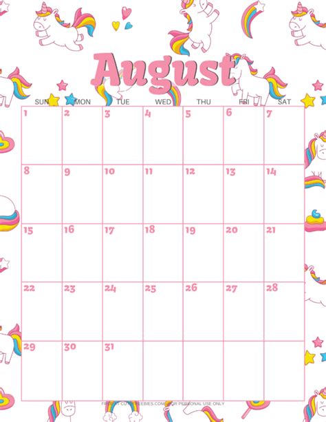12 Month Unicorn Calendar 2021 Printable