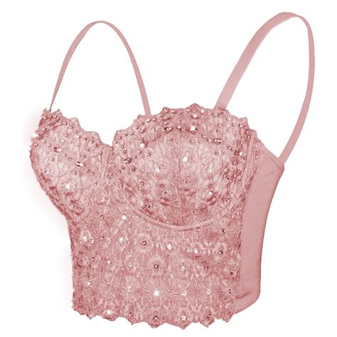 Womens Natural Reigning Lace Rhinestone Bustier Crop Top Sexy Mesh Co