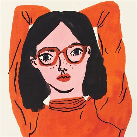 A Drawing Of A Woman Wearing Glasses And An Orange Sweater With Her