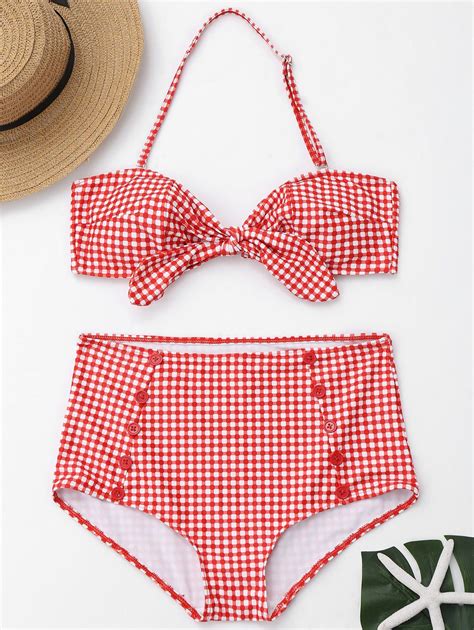 35 Off 2021 Buttons Plaid Front Tied High Waisted Bikini In Red And