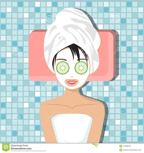 Woman Having Anti Aging Facial Treatment With Cucumbers Spa And Wellness Concept Stock Vector
