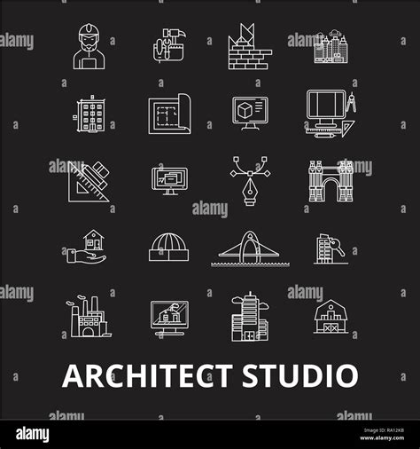 Architect Studio Editable Line Icons Vector Set On Black Background