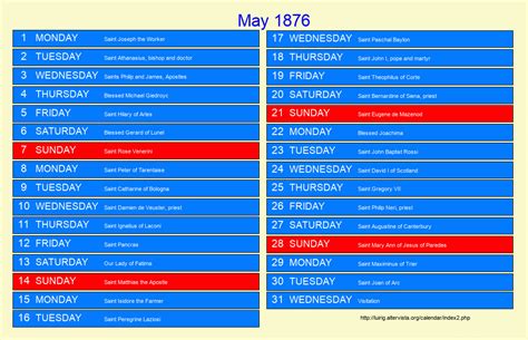 May 1876 Roman Catholic Saints Calendar