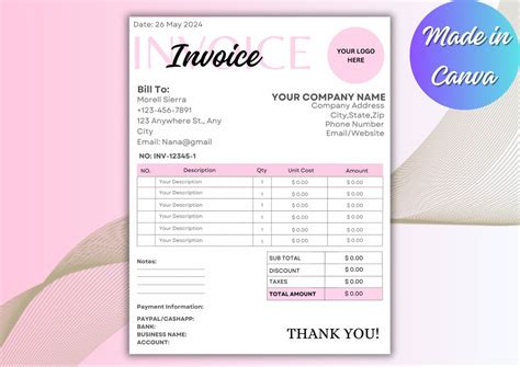Pink Invoice Templateeditable Canva Template Printable Etsy