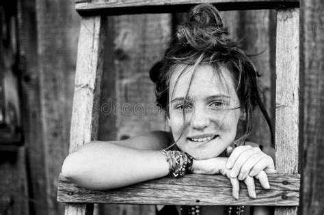 Girl Portrait With Hippie Jewelry In Rural Surroundings Black And